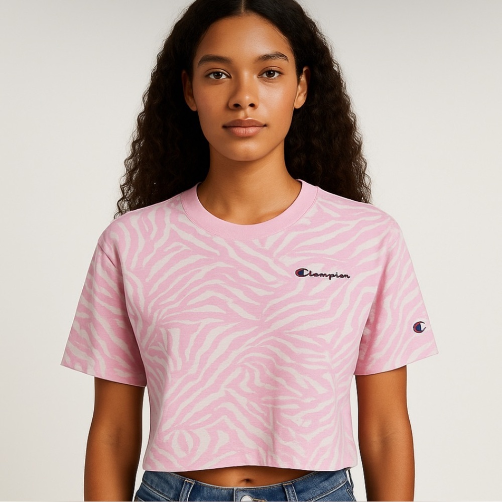 * Champion Pink Zebra Print Cropped Tee Large | Short Sleeve Logo Cotton Blend
